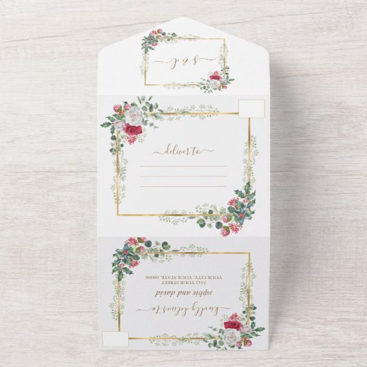 Charm White Red Floral Gold kerstbruiloft All In One Uitnodiging (Buitenkant)