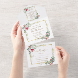Charm White Red Floral Gold kerstbruiloft All In One Uitnodiging