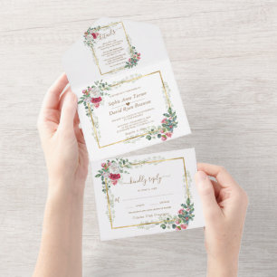 Charm White Red Floral Gold kerstbruiloft All In One Uitnodiging
