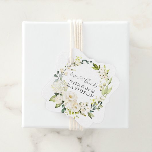 Charm White Roses Hydrangea Calligraphy Wedding Bedankjes Labels (In situ)
