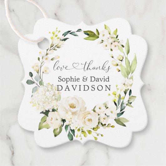Charm White Roses Hydrangea Calligraphy Wedding Bedankjes Labels (Voorkant)