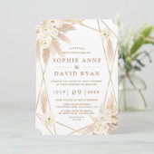 Charm White Roses Pampas Grass Gold Wedding Kaart (Staand voorkant)