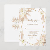 Charm White Roses Pampas Grass Gold Wedding RSVP Kaartje (Voorkant / Achterkant)