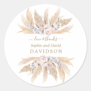 Charm White Roses Pampas Grass Wedding Ronde Sticker