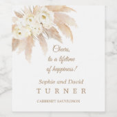 Charm White Roses Pampas Grass Wedding Wijn Etiket (Enkel label)