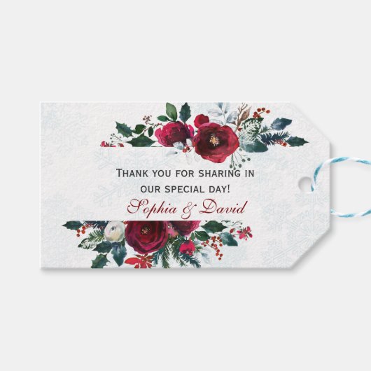 Charm Winter Burgundy Floral Pine Lijst Wedding Cadeaulabel (Voorkant (Horizontaal))