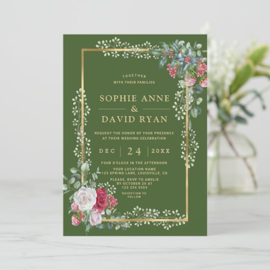 Charm Winter Wit Rood Bloemmotief Groen Goud Bruil Kaart (Staand voorkant)