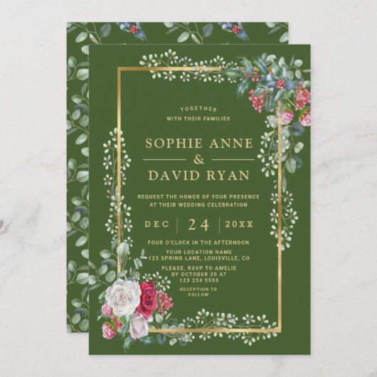 Charm Winter Wit Rood Bloemmotief Groen Goud Bruil Kaart (Voorkant / Achterkant)