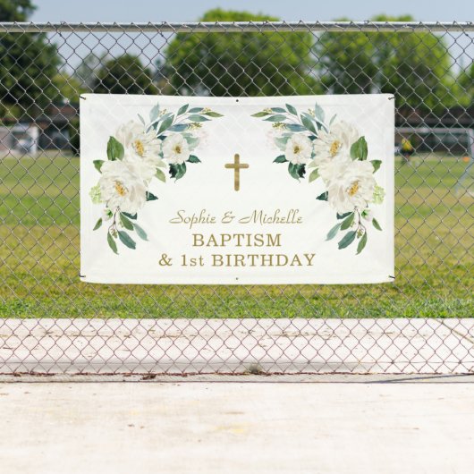 Charm Wit Bloem Motief Gouden Kruis Doop Welkom Bo Spandoek (Insitu)
