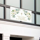 Charm Wit Bloem Motief Gouden Kruis Doop Welkom Bo Spandoek (Buitenkant Gebouw)