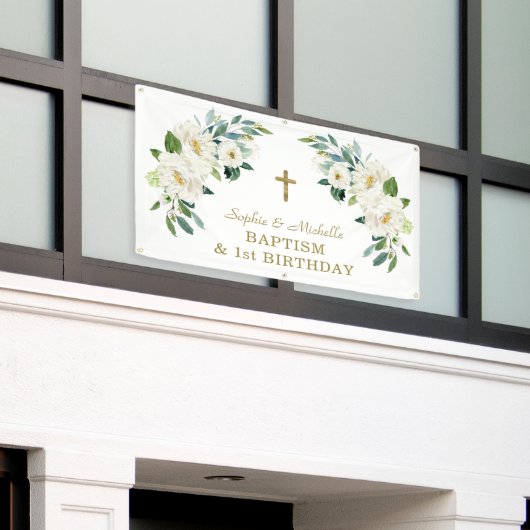 Charm Wit Bloem Motief Gouden Kruis Doop Welkom Bo Spandoek (Buitenkant Gebouw)