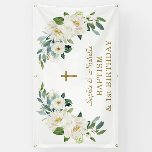 Charm Wit Bloem Motief Gouden Kruis Doop Welkom Bo Spandoek (Verticaal)