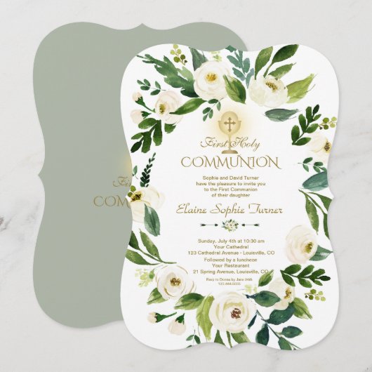 Charm Wit Bloemenguirlande Kruis Heilige Communie Kaart (Voorkant / Achterkant)