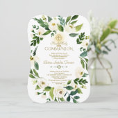 Charm Wit Bloemenguirlande Kruis Heilige Communie Kaart (Staand voorkant)