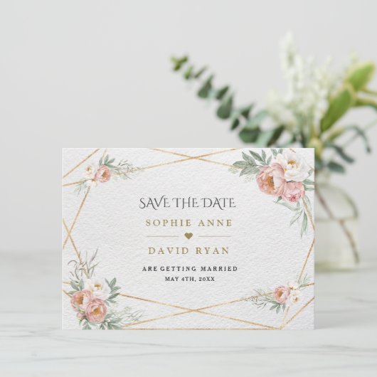 Charm Wit Stoffig Roos Bloemen Gouden Bruiloft Save The Date (Staand voorkant)