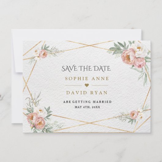 Charm Wit Stoffig Roos Bloemen Gouden Bruiloft Save The Date (Voorkant)