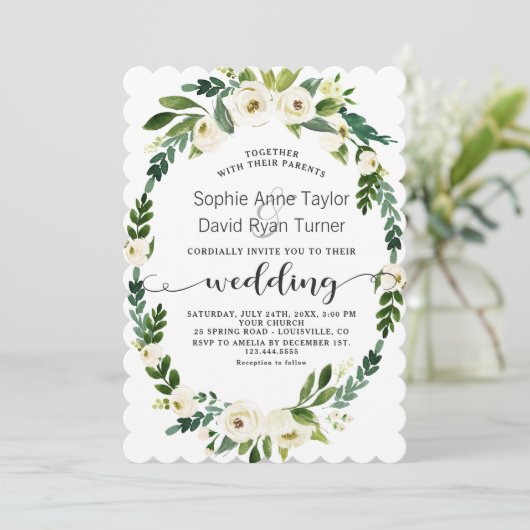 Charm Witte Bloeiende Bloemige Handgeschreven Huwe Kaart (Staand voorkant)