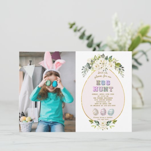 Charm Witte Bloemen Foto Paaseieren Jacht Kaart (Staand voorkant)