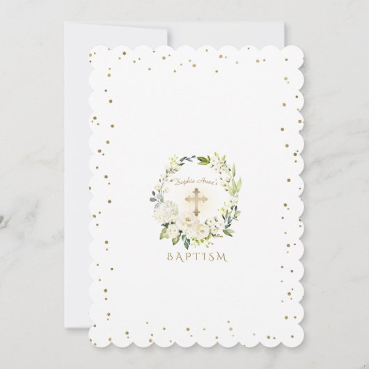 Charm Witte Bloemen Gouden Kruis Meisje Doop Kaart (Achterkant)