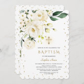 Charm Witte Bloemen Gouden Kruis Meisje Doop Kaart (Voorkant / Achterkant)