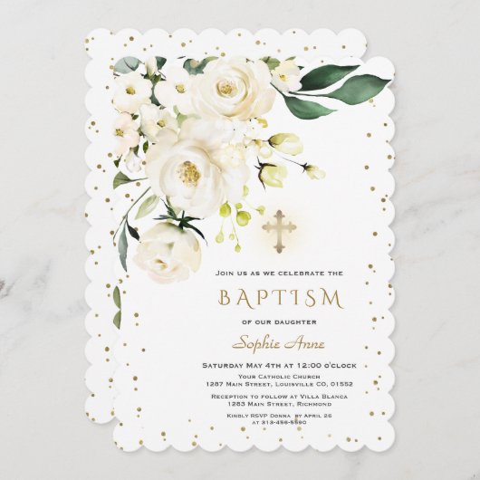 Charm Witte Bloemen Gouden Kruis Meisje Doop Kaart (Voorkant / Achterkant)