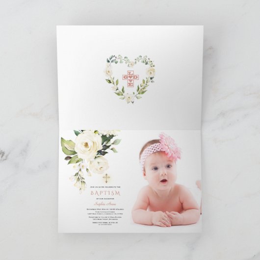 Charm witte bloemen roosgoud kruis foto doop kaart (Binnen)