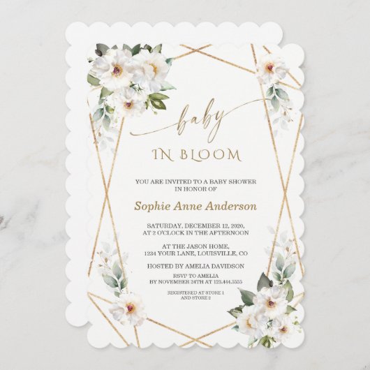 Charm Witte Bloemen Roze Goud Baby in Bloom   Kaart (Voorkant / Achterkant)