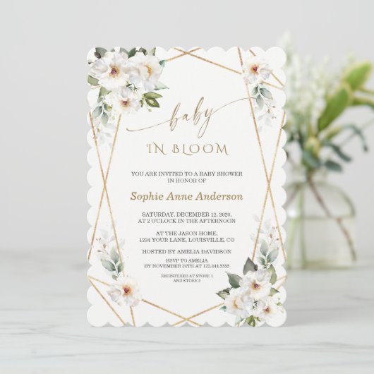 Charm Witte Bloemen Roze Goud Baby in Bloom   Kaart (Staand voorkant)