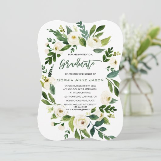 Charm Witte Bloemenkrans Handschrift AFSTUDEREN Kaart (Staand voorkant)