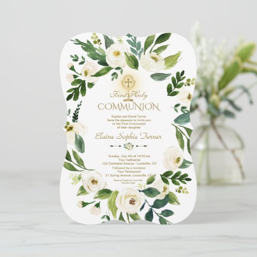 Charm Witte Bloemstuk Kruis Heilige Communie Kaart (Staand voorkant)