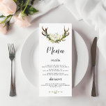 Charm Witte Crème Bloemen Antlers bruiloft Menu<br><div class="desc">Een Robuust, Bohemen ontwerp voor speciale, bijna alle seizoensevenementen! Dit ontwerp heeft betrekking op hertengeweien, waterverf wit, roombloemen, pijlen met dezelfde bloemen en op de achterste bloemendoos op witte achtergrond. Het gebruik personaliseert hulpmiddel om uw info toe te voegen. Voor meer informatie, bezoek alsjeblieft mijn White Cream Floral Antlers Collectie....</div>