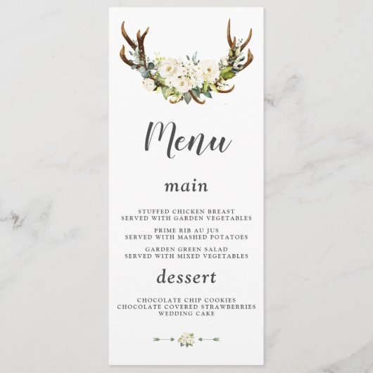 Charm Witte Crème Bloemen Antlers bruiloft Menu (Voorkant)