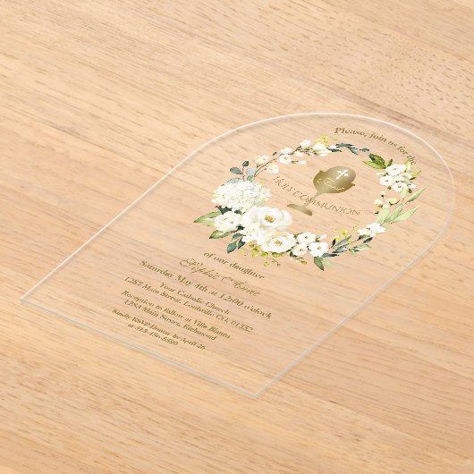Charm Witte Crème Bloemige Eerste Heilige Communie Acryl Uitnodigingen (Laagn)