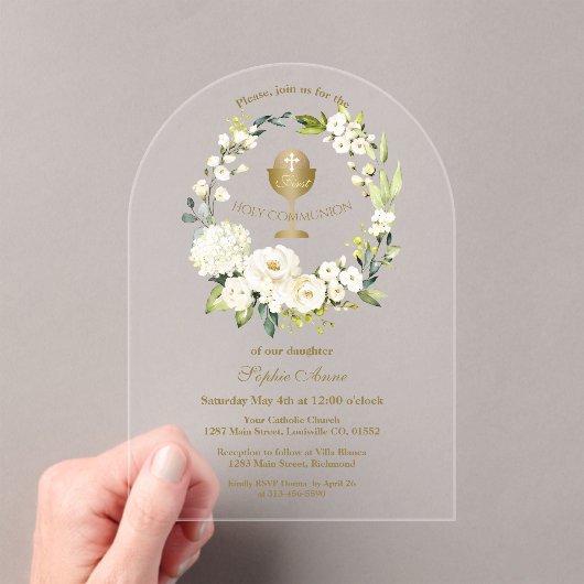 Charm Witte Crème Bloemige Eerste Heilige Communie Acryl Uitnodigingen (Insitu (Draagbaar))