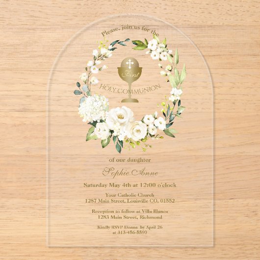 Charm Witte Crème Bloemige Eerste Heilige Communie Acryl Uitnodigingen (Voorkant)