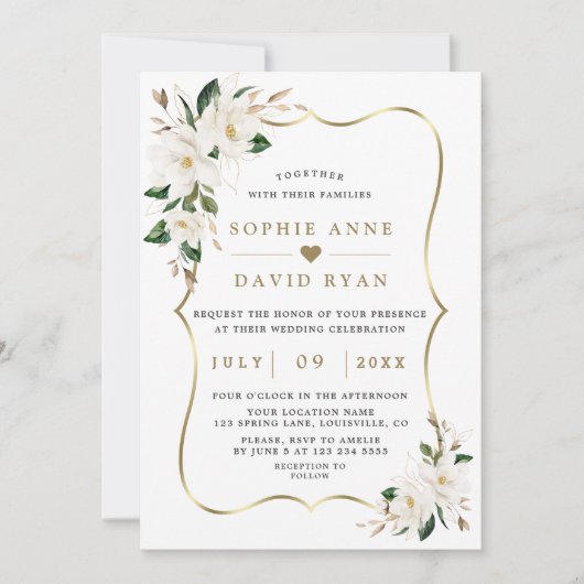 Charm Witte Magnolia Gouden Bloem Bruiloft Kaart (Voorkant)