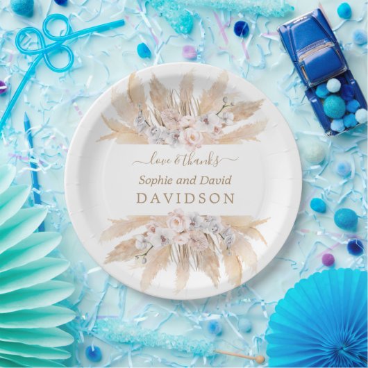 Charm Witte Rozen Pampas Gras Bruiloft Papieren Bordje (Feest)