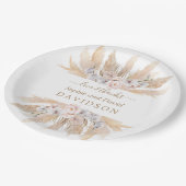 Charm Witte Rozen Pampas Gras Bruiloft Papieren Bordje (Gekanteld)