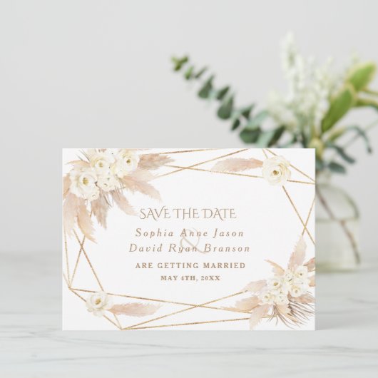 Charm Witte Rozen Pampas Gras Gouden Bruiloft Save The Date (Staand voorkant)