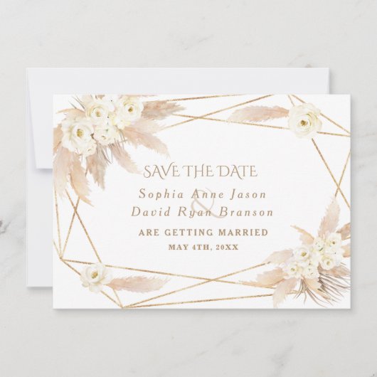 Charm Witte Rozen Pampas Gras Gouden Trouwdag Save The Date (Voorkant)