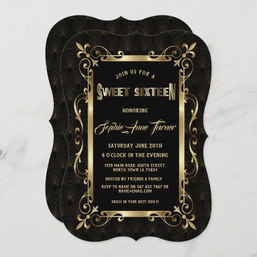 Charm Zwarte Great Gatsby Art Deco 1920s SWEET 16 Kaart (Voorkant / Achterkant)