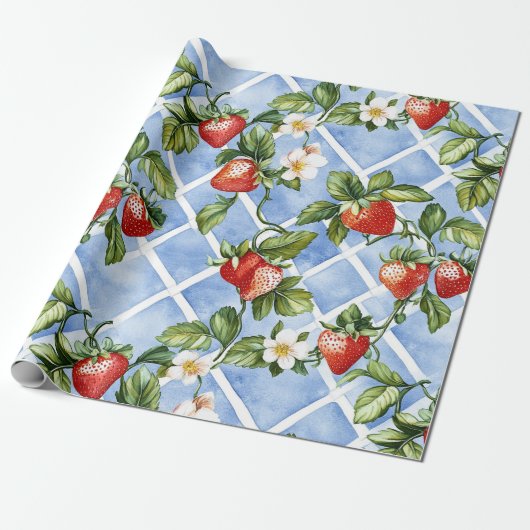 Charmant Aardbei & Bladpatroon – (2) Cadeaupapier (Uitgerold)