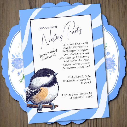 Charmant Baby shower Chickadee Blue Nesting Party Kaart