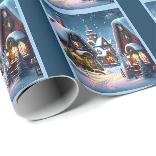 Charmant besneeuwd kerstdorp cadeaupapier (Rol Hoek)