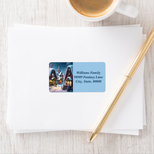 Charmant besneeuwd kerstdorp etiket (Insitu)