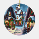 Charmant besneeuwd kerstdorp keramisch ornament (Voorkant)