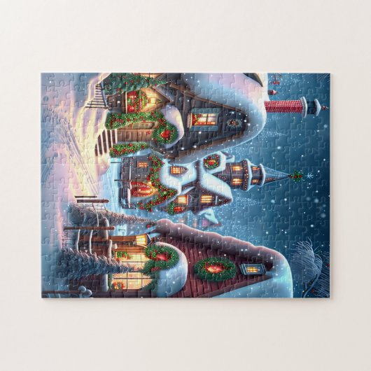 Charmant besneeuwd kerstdorp legpuzzel (Horizontaal)