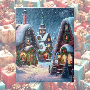 Charmant besneeuwd kerstdorp legpuzzel