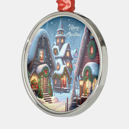 Charmant besneeuwd kerstdorp metalen ornament (Links)