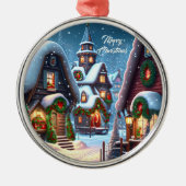 Charmant besneeuwd kerstdorp metalen ornament (Voorkant)